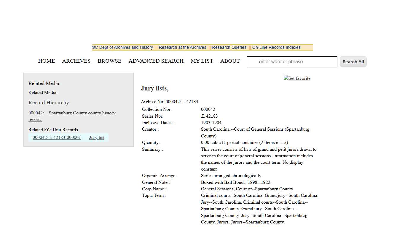 Jury lists, SC Department of Archives and History